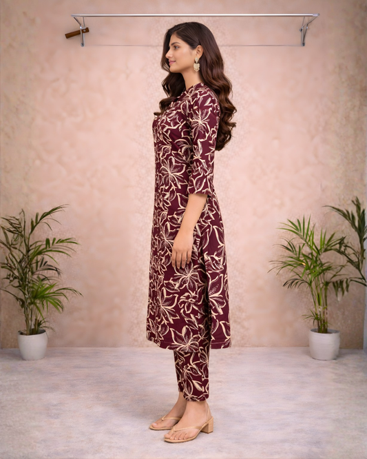 Wine Floral Printed Straight Kurti – Elegant Everyday & Office Wear