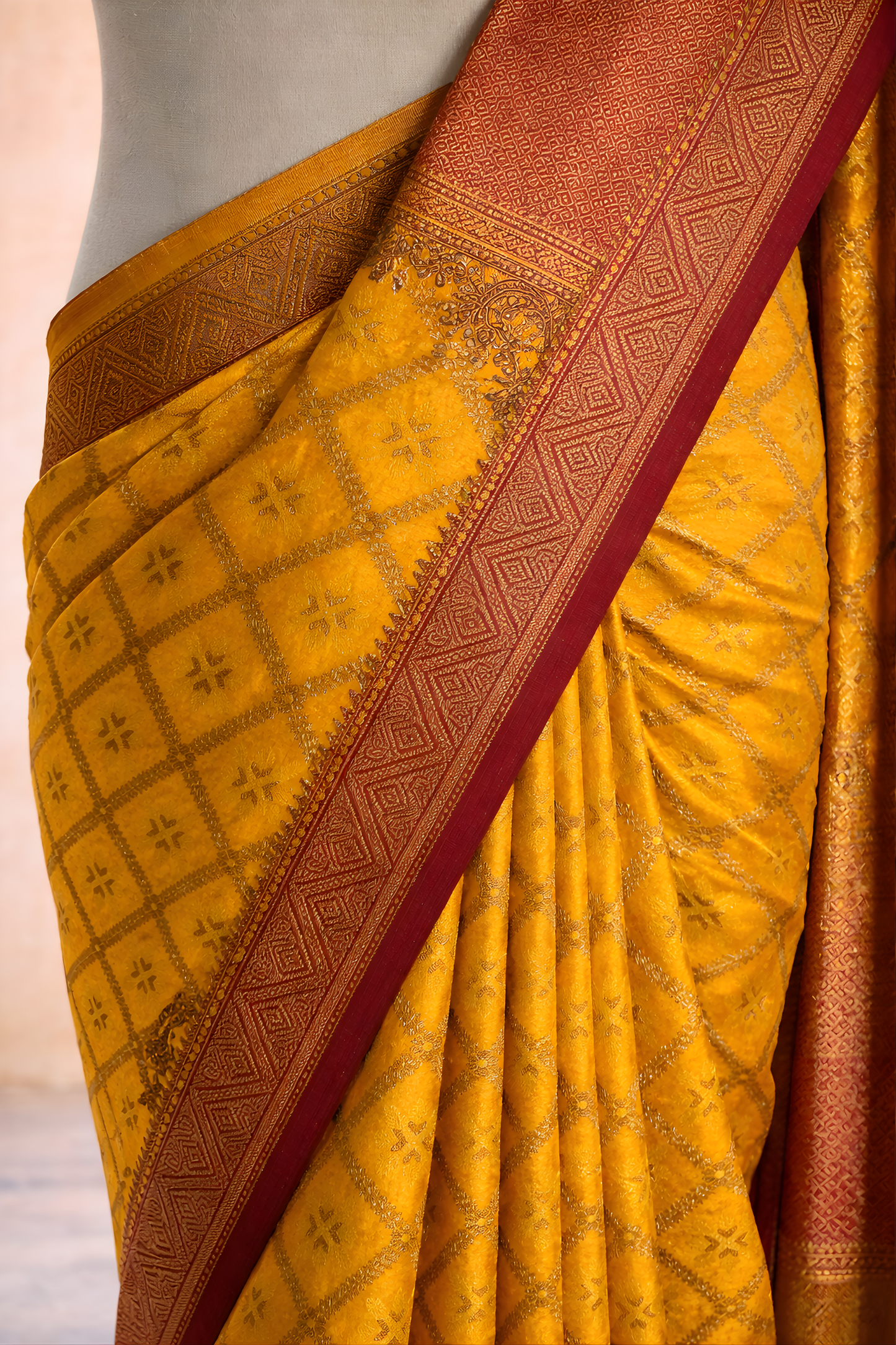Yellow Printed Saree with Red Border – Vibrant Festive Ethnic Drape