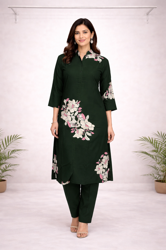 Dark Green Floral Printed Co-ord Set for Women