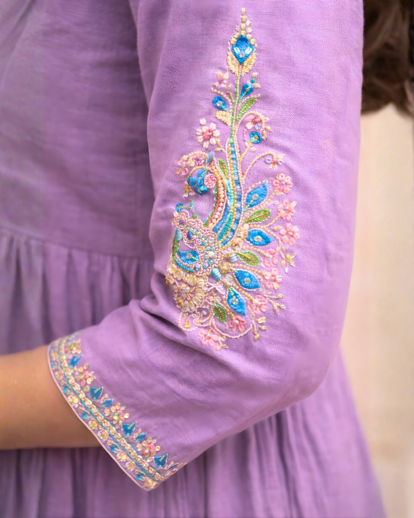 Royal Purple Embroidered Anarkali Kurti Set – Multicolour Yoke Embroidery with Dupatta