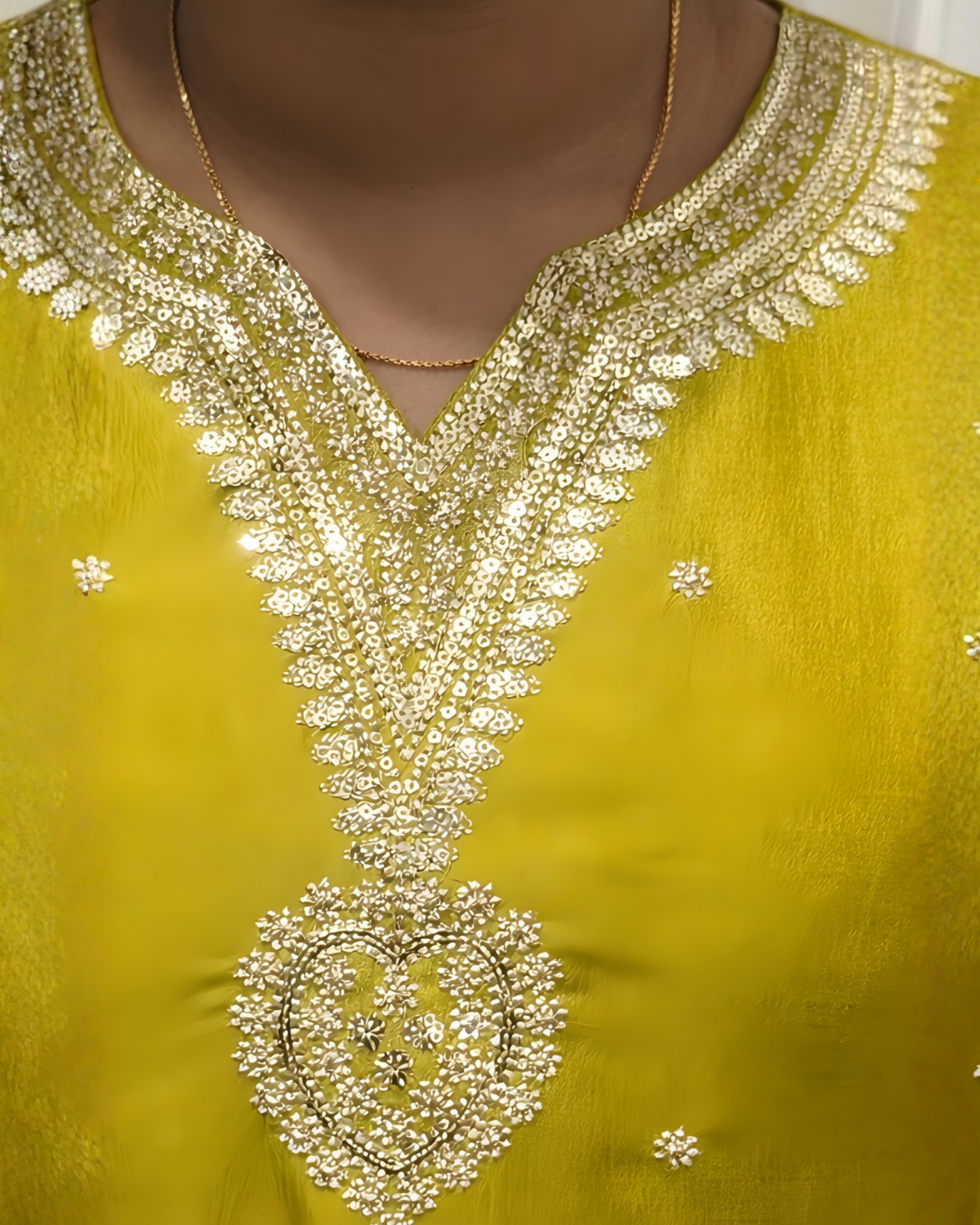 Lime Yellow Zari Woven Kurti Set – Zari Neckline Detail with Sheer Dupatta