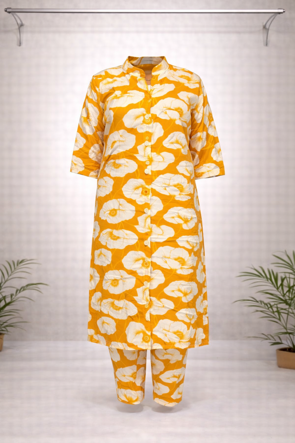 Yellow & White Floral Printed Co-ord Kurti Set – 3/4 Sleeve with Matching Pants