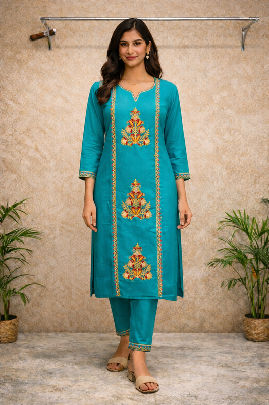 Teal Blue Embroidered Kurti Set with Dupatta