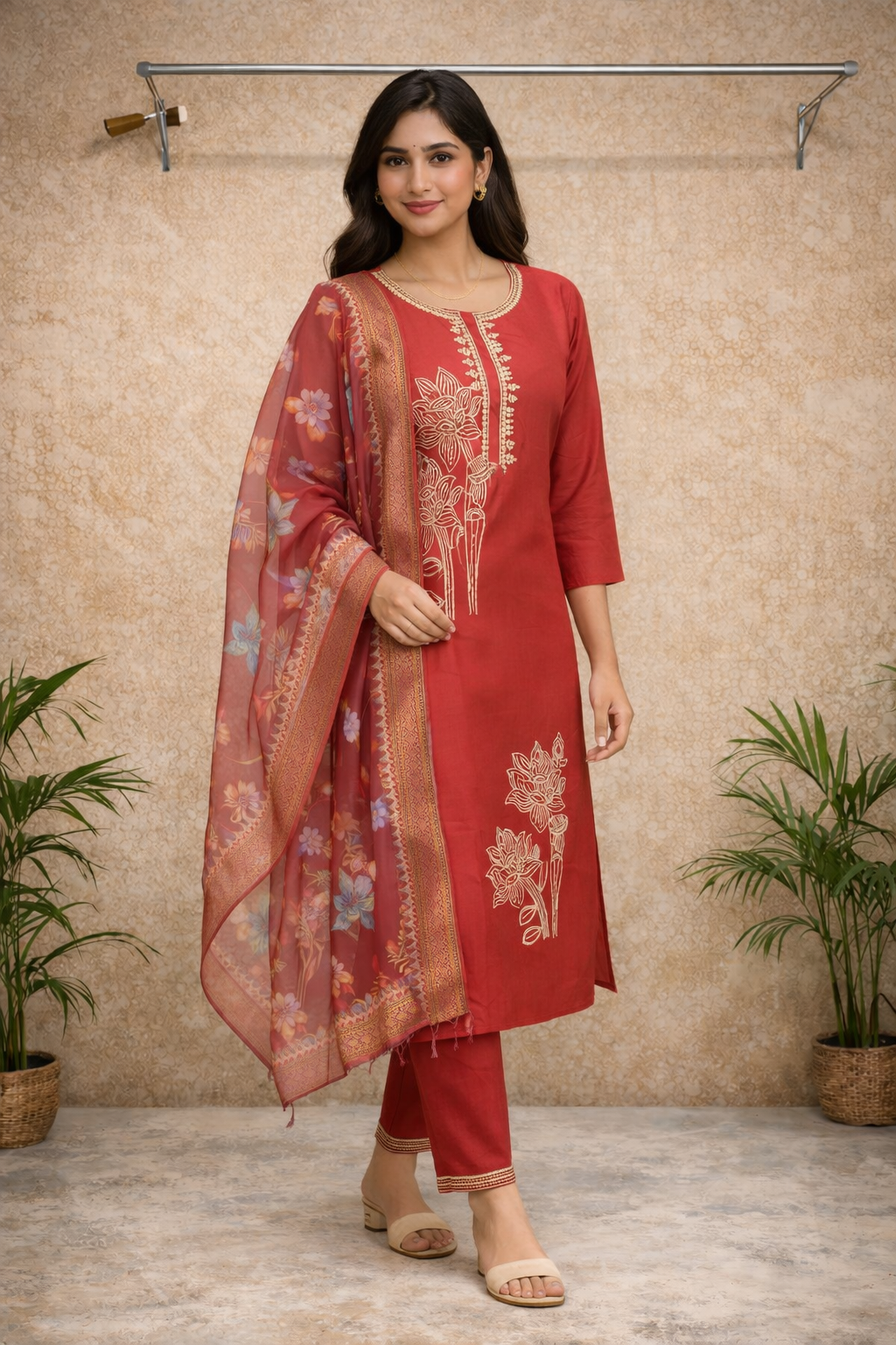 Festive Red Embroidered Kurti Set with Printed Dupatta