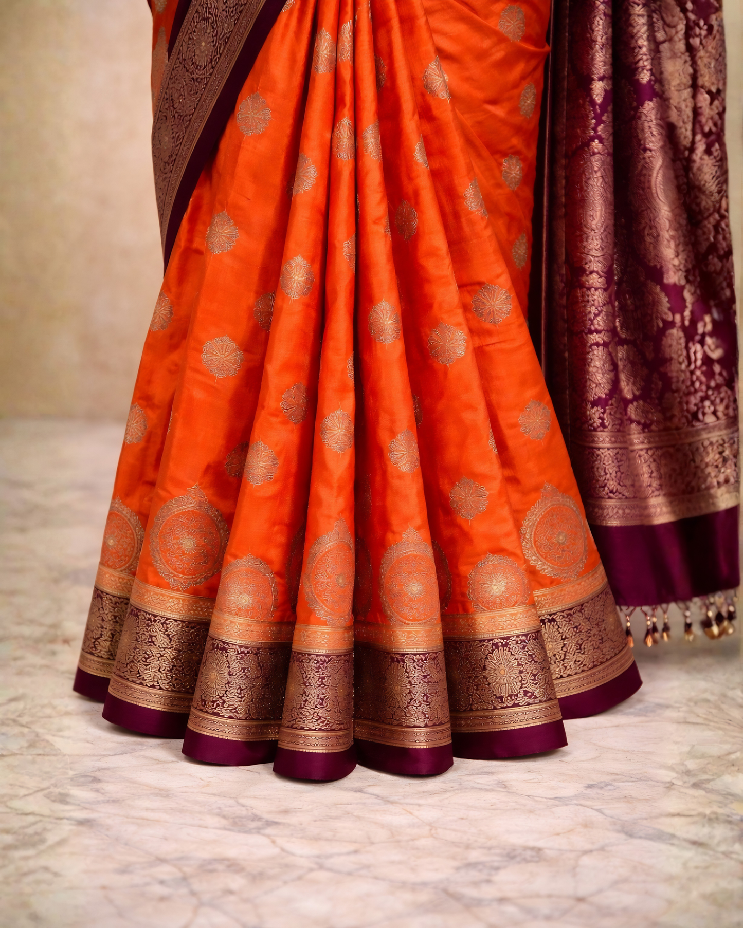 Elegant Orange Banarasi Silk Saree with Rich Purple Border