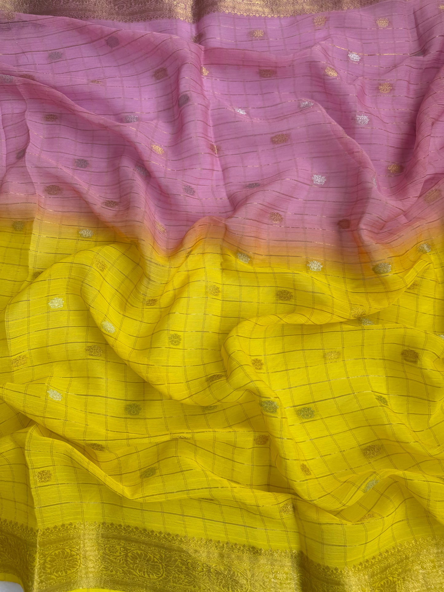 Pink & Yellow Ombre Soft Silk Saree – Gold Butti Work & Woven Border