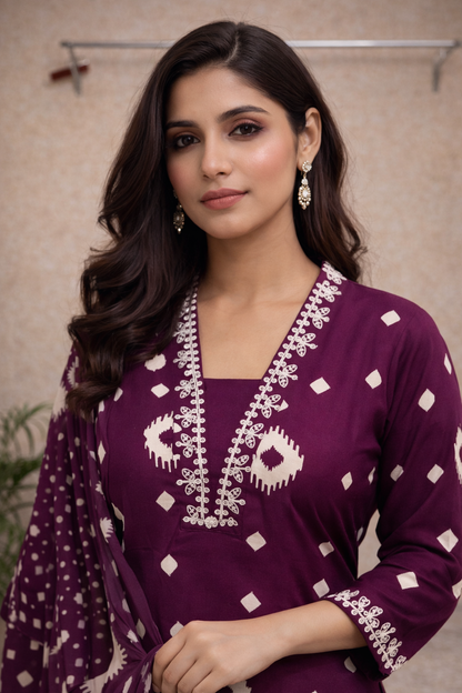 Deep Wine Printed Kurti Set – Geometric & Floral Motifs with Coordinated Dupatta