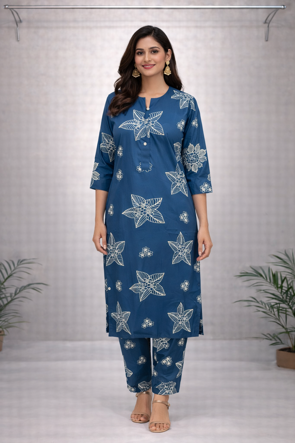 Teal blue floral printed straight-fit kurti set with matching pants