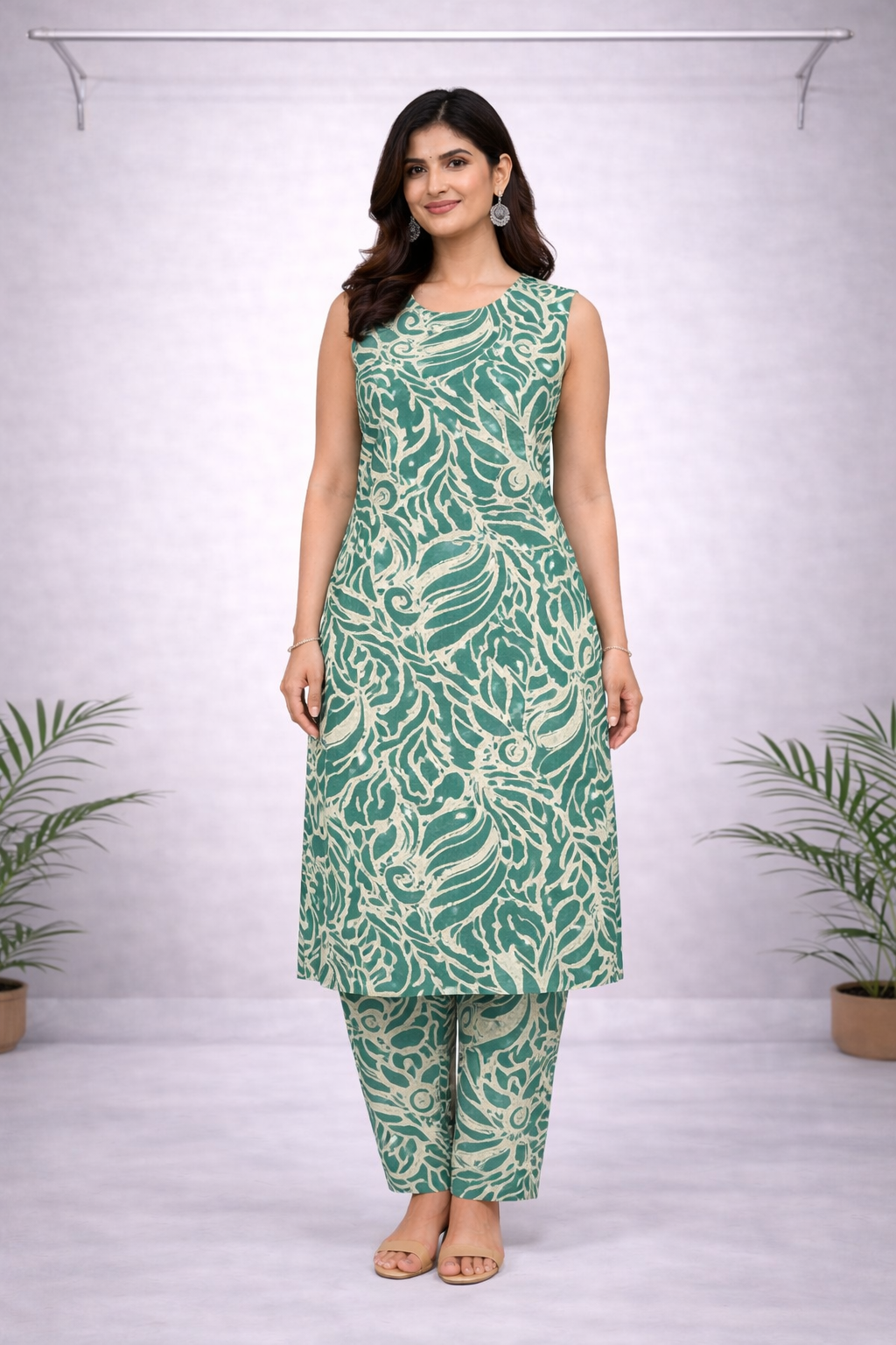 Sage green abstract leaf printed co-ord set with top and pants
