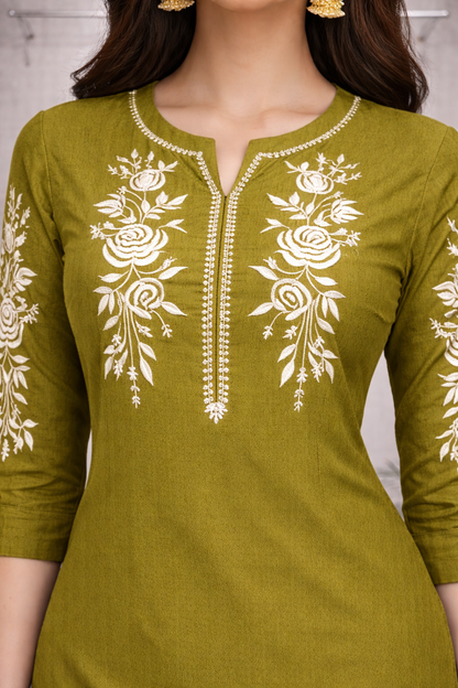 Olive Green Floral Embroidered Straight Kurti