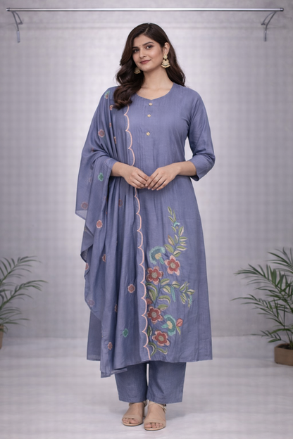Lavender Floral Embroidered Kurti Set with Dupatta