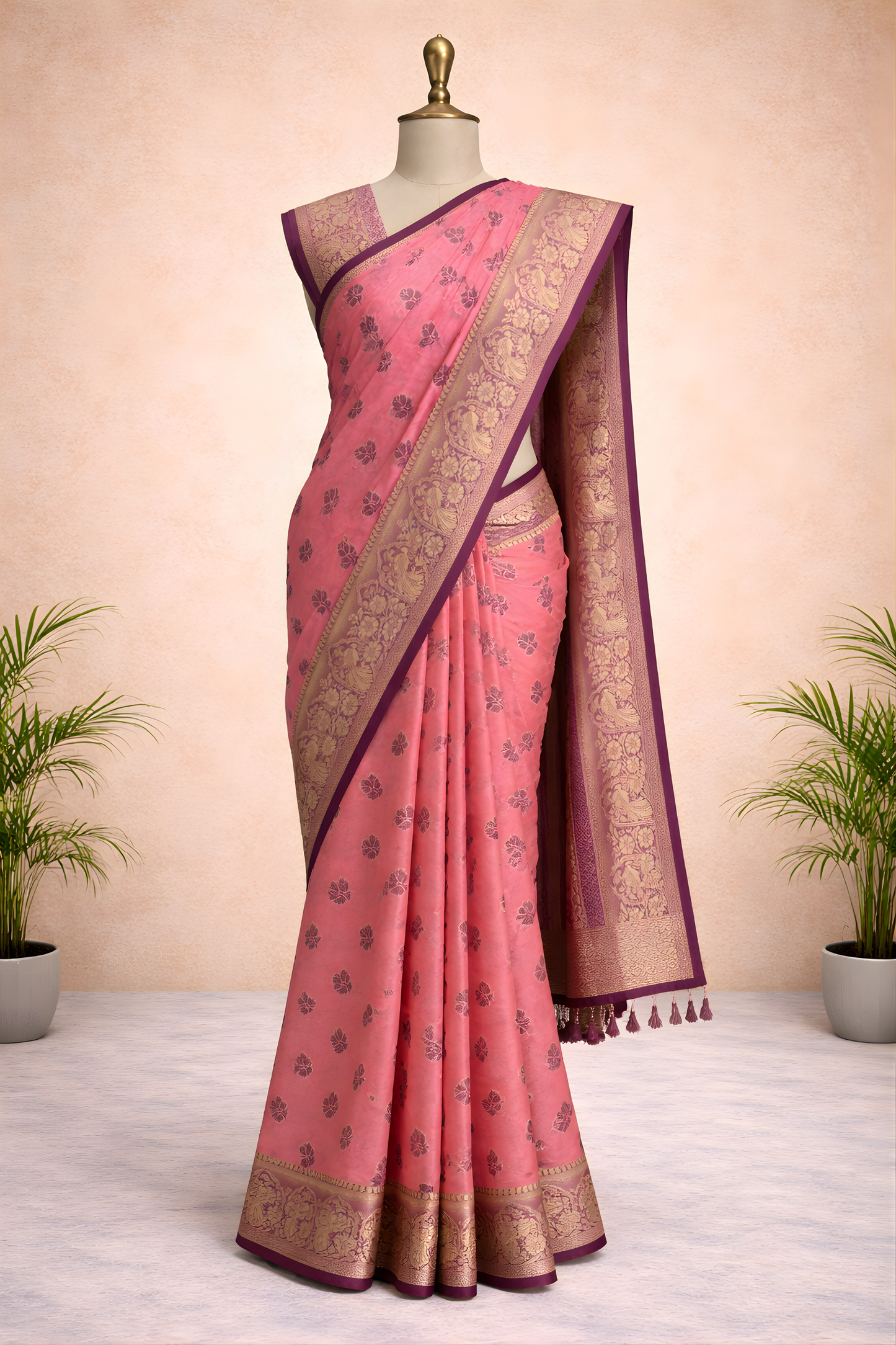 Pink Saree with Purple Border – Elegant Contrast Drape for Festive & Ethnic Occasions