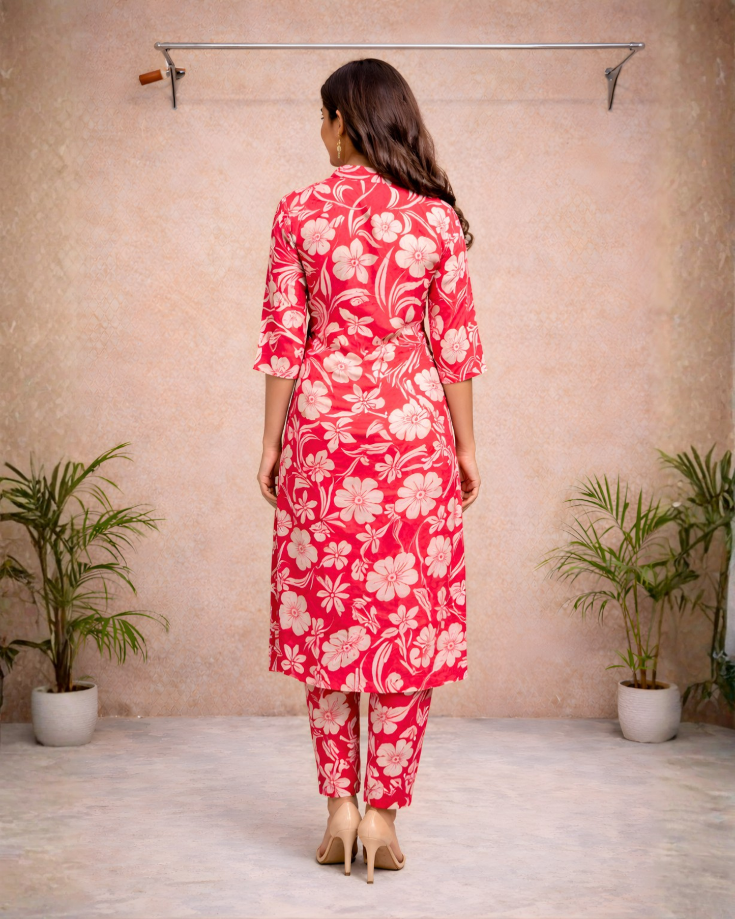 Red Floral Printed Straight Kurti Set – Beige Florals with Mandarin Collar | Everyday & Office Wear