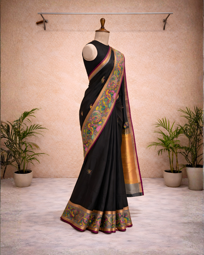 Royal Black Kalamkari Border Saree – Traditional Silk Blend Elegance