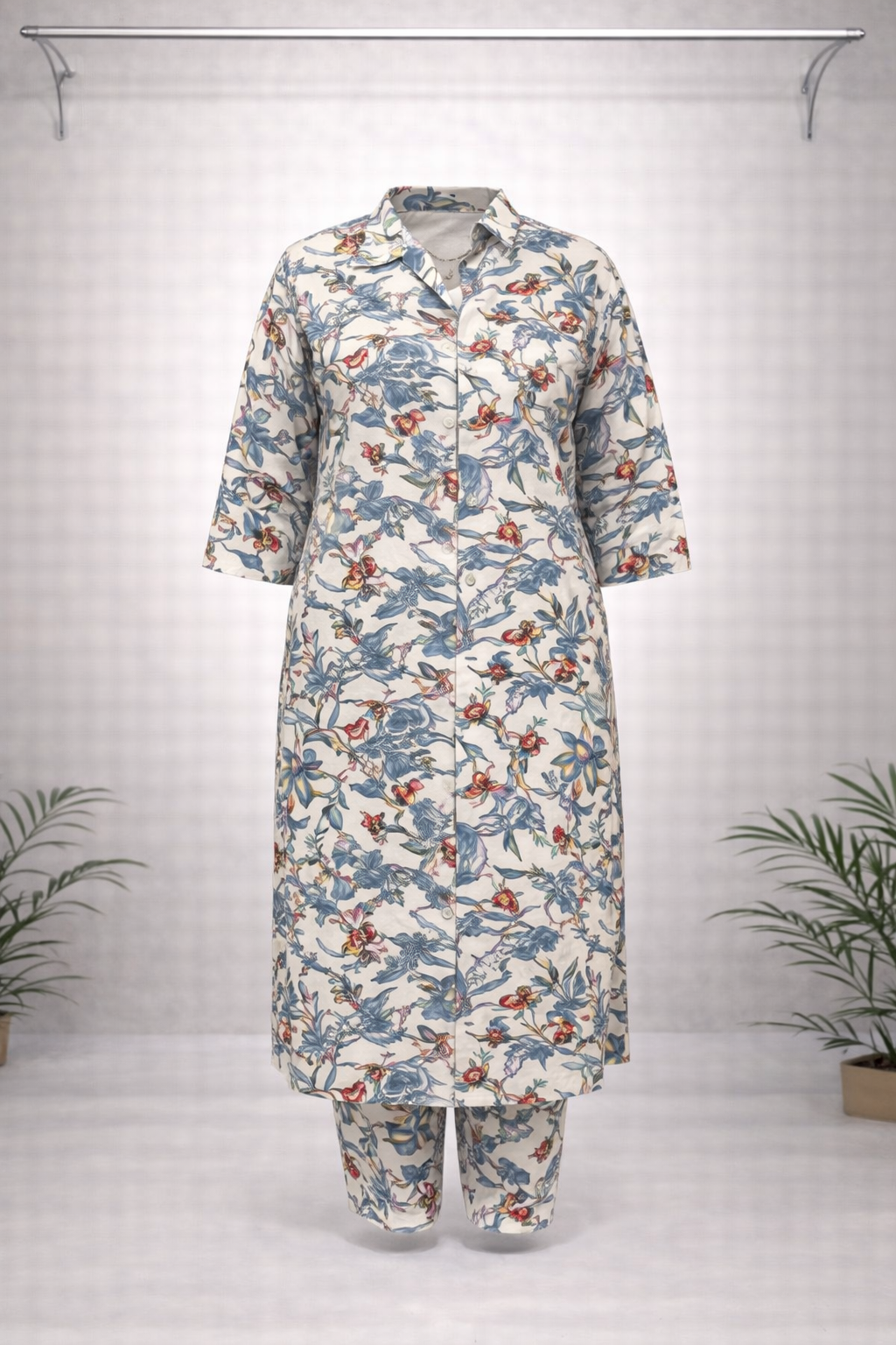 Off-White & Blue Floral Printed Co-ord Set – Shirt Collar with Matching Pants
