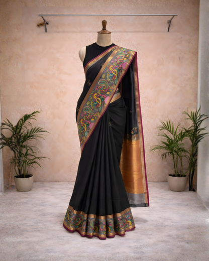 Royal Black Kalamkari Border Saree – Traditional Silk Blend Elegance