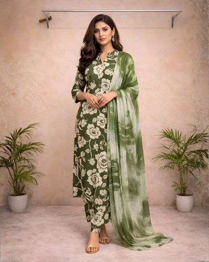 Olive Green Floral Kurti Set with Tie-Dye Dupatta – Elegant Everyday Ethnic Wear