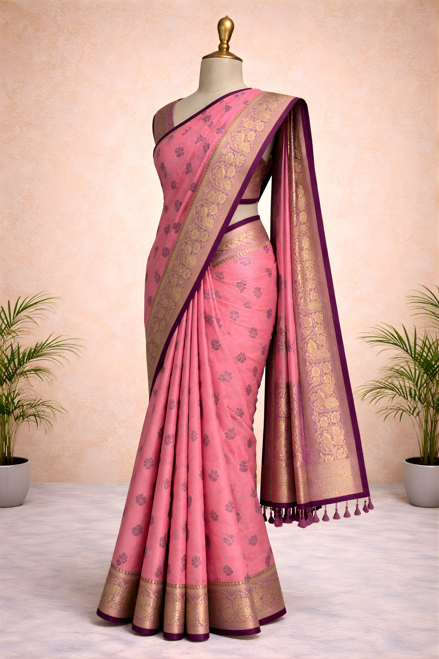 Pink Saree with Purple Border – Elegant Contrast Drape for Festive & Ethnic Occasions