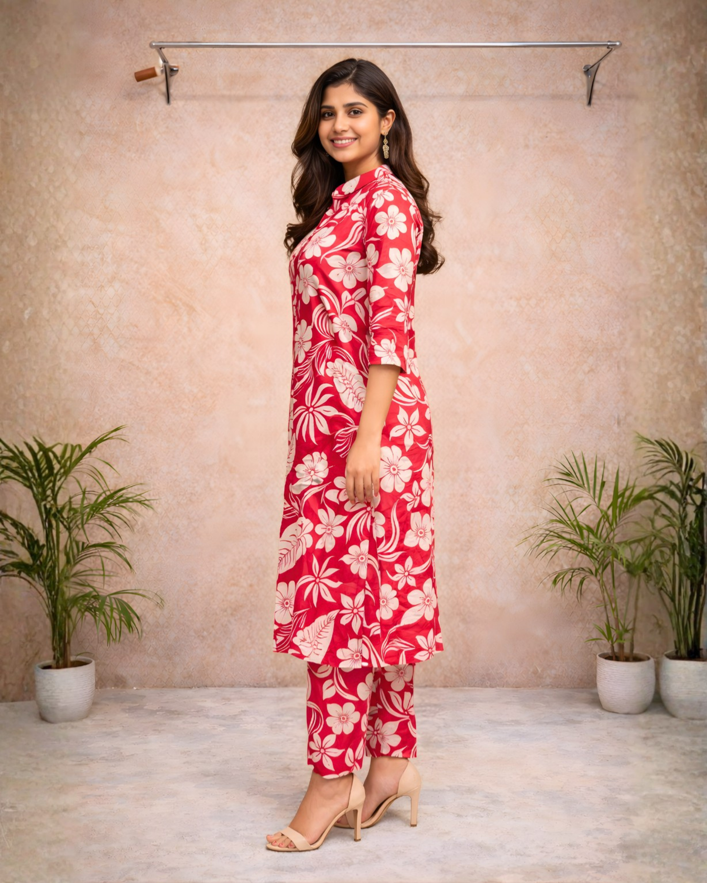 Red Floral Printed Straight Kurti Set – Beige Florals with Mandarin Collar | Everyday & Office Wear