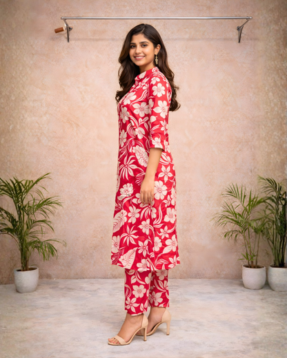 Red Floral Printed Straight Kurti Set – Beige Florals with Mandarin Collar | Everyday & Office Wear