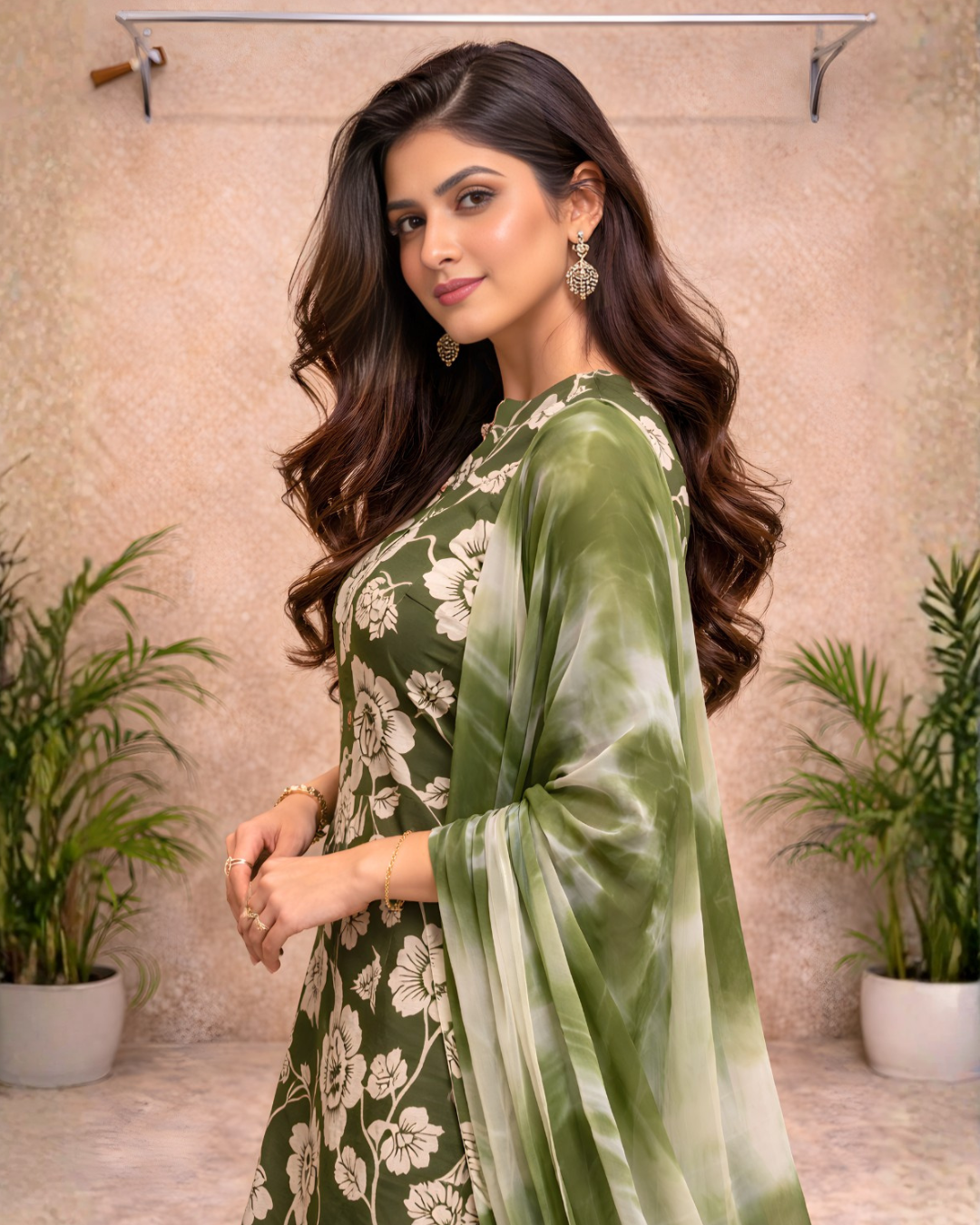Olive Green Floral Kurti Set with Tie-Dye Dupatta – Elegant Everyday Ethnic Wear