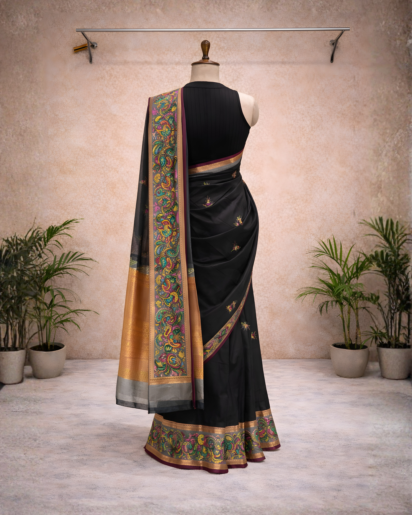 Royal Black Kalamkari Border Saree – Traditional Silk Blend Elegance