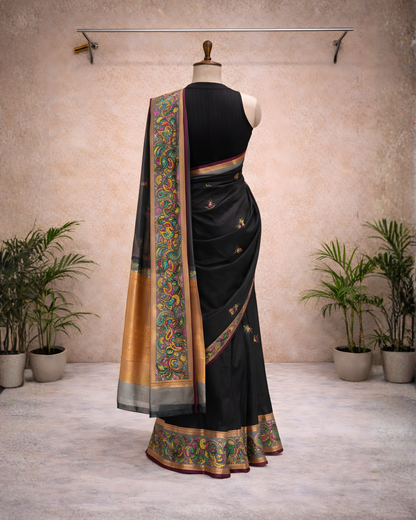 Royal Black Kalamkari Border Saree – Traditional Silk Blend Elegance