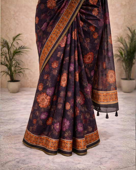 Royal Floral Kalamkari Soft Linen Saree – Heritage Elegance