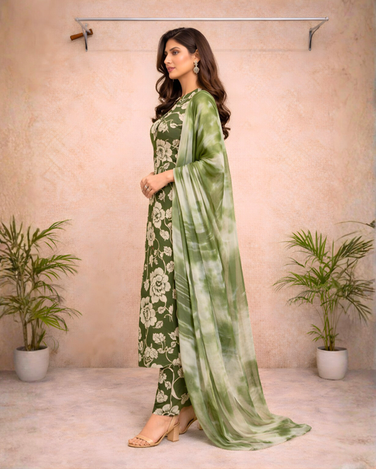 Olive Green Floral Kurti Set with Tie-Dye Dupatta – Elegant Everyday Ethnic Wear