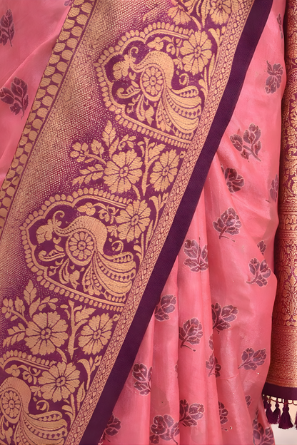 Pink Saree with Purple Border – Elegant Contrast Drape for Festive & Ethnic Occasions
