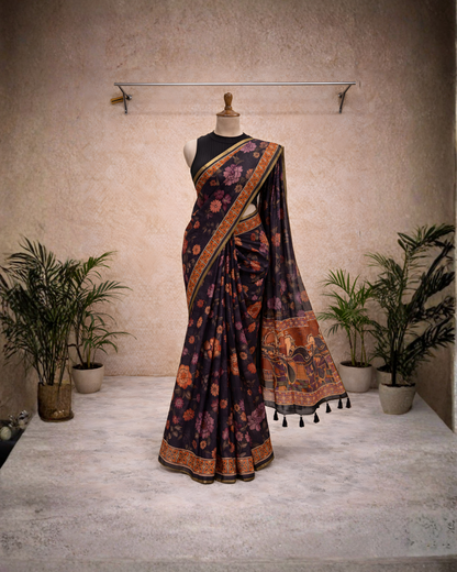 Royal Floral Kalamkari Soft Linen Saree – Heritage Elegance