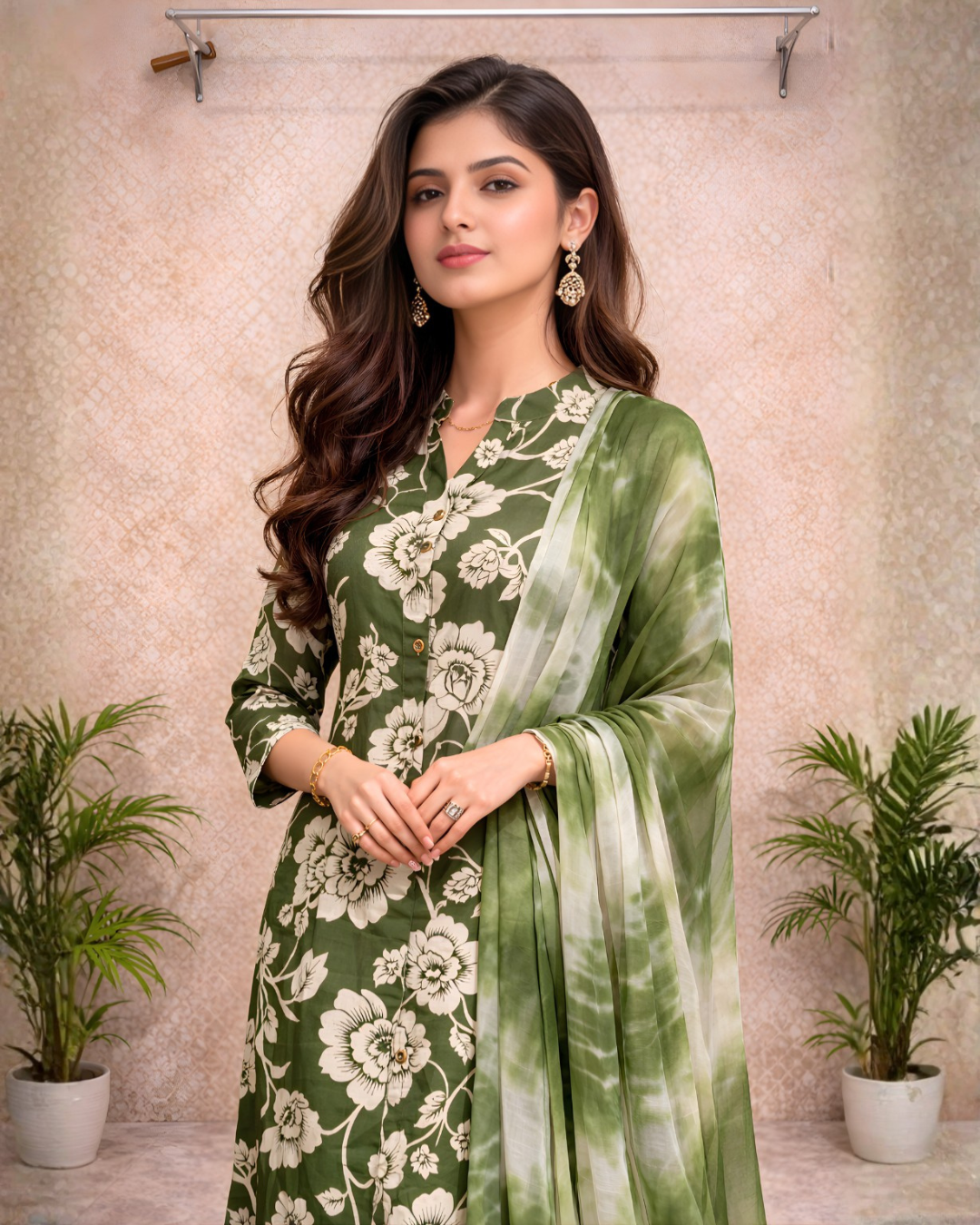 Olive Green Floral Kurti Set with Tie-Dye Dupatta – Elegant Everyday Ethnic Wear
