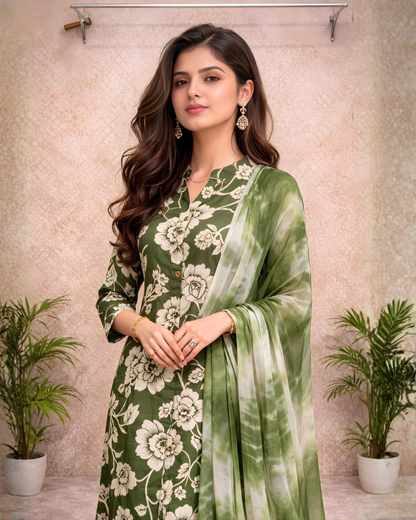 Olive Green Floral Kurti Set with Tie-Dye Dupatta – Elegant Everyday Ethnic Wear