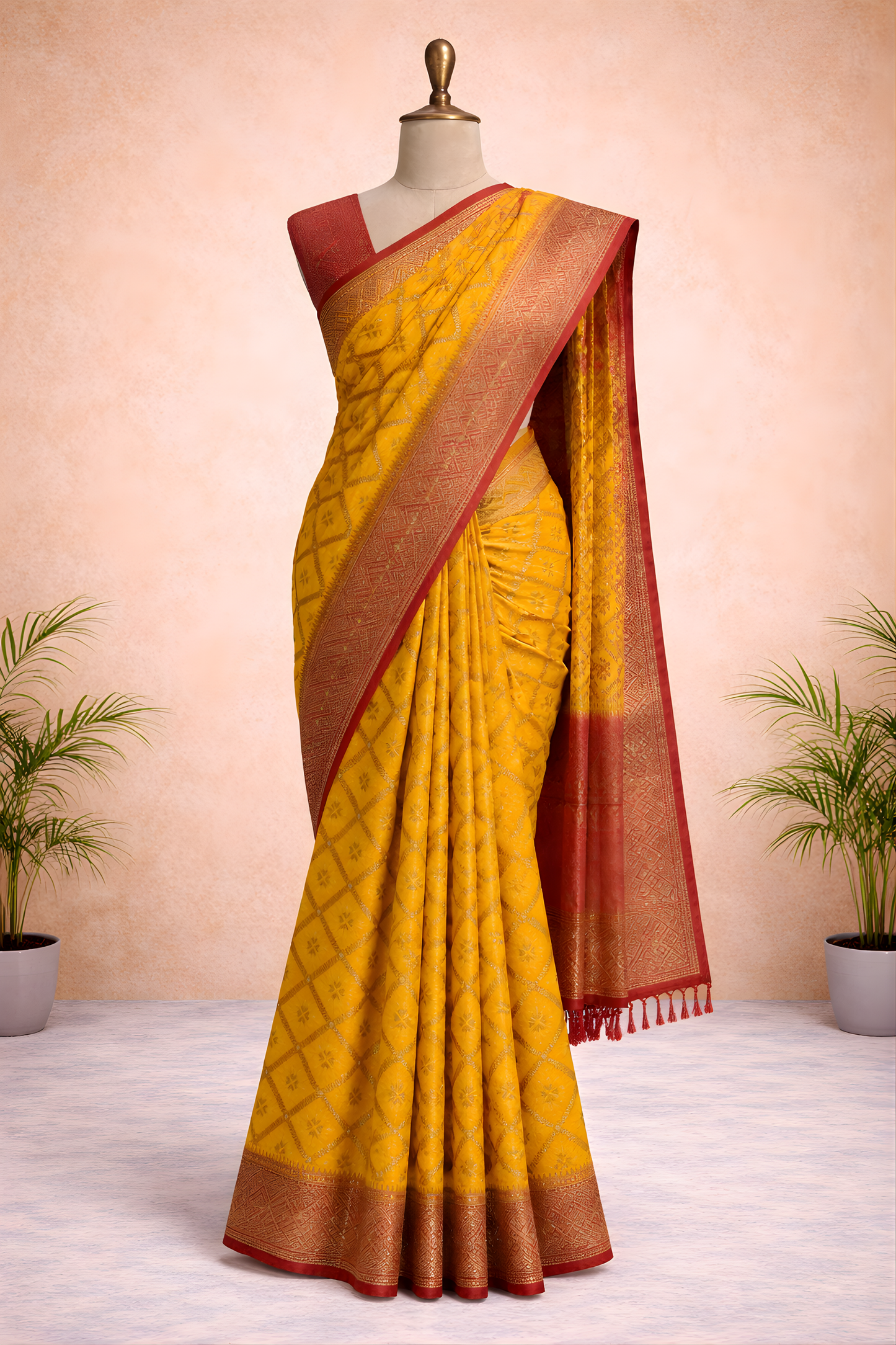 Yellow Printed Saree with Red Border – Vibrant Festive Ethnic Drape