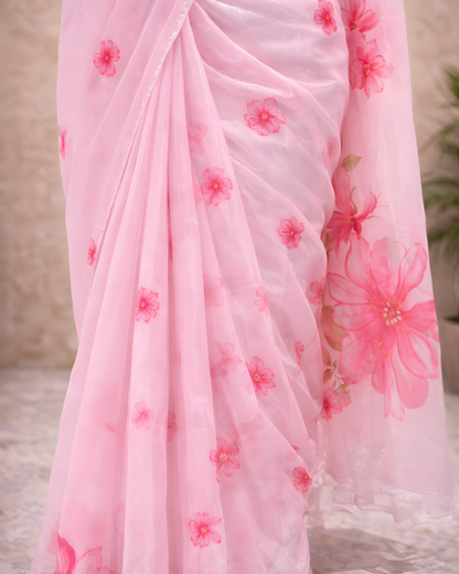 Blush Pink Floral Soft Crepe Saree – Lightweight Pastel Elegance