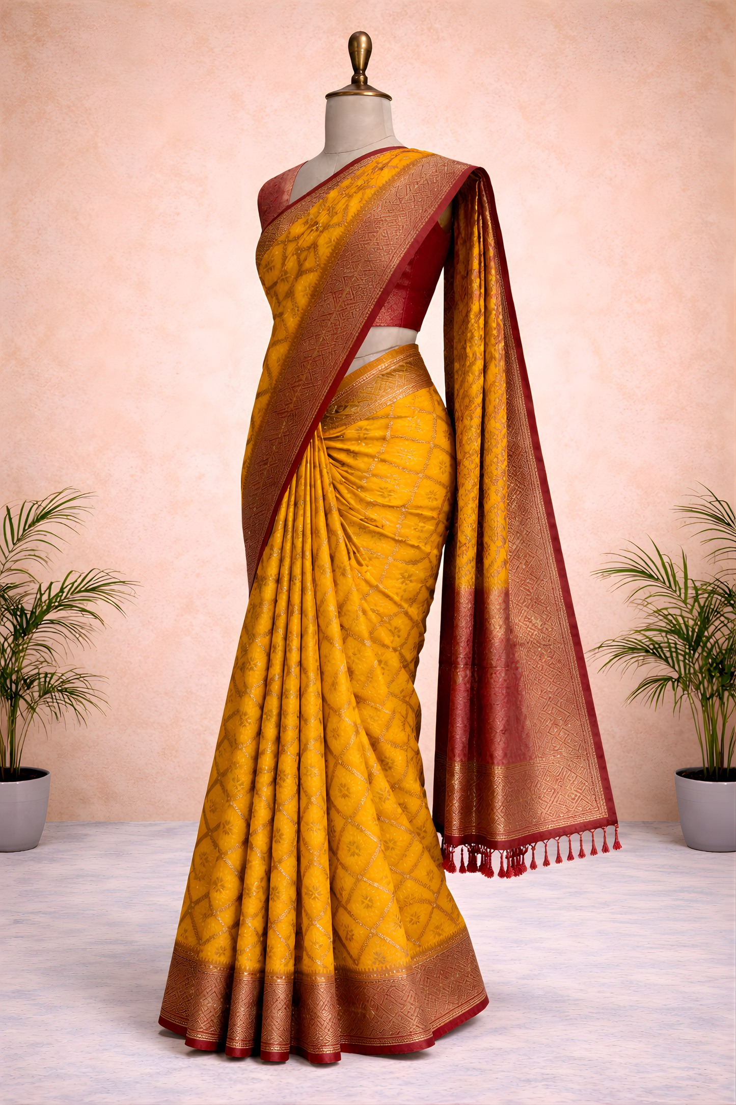 Yellow Printed Saree with Red Border – Vibrant Festive Ethnic Drape
