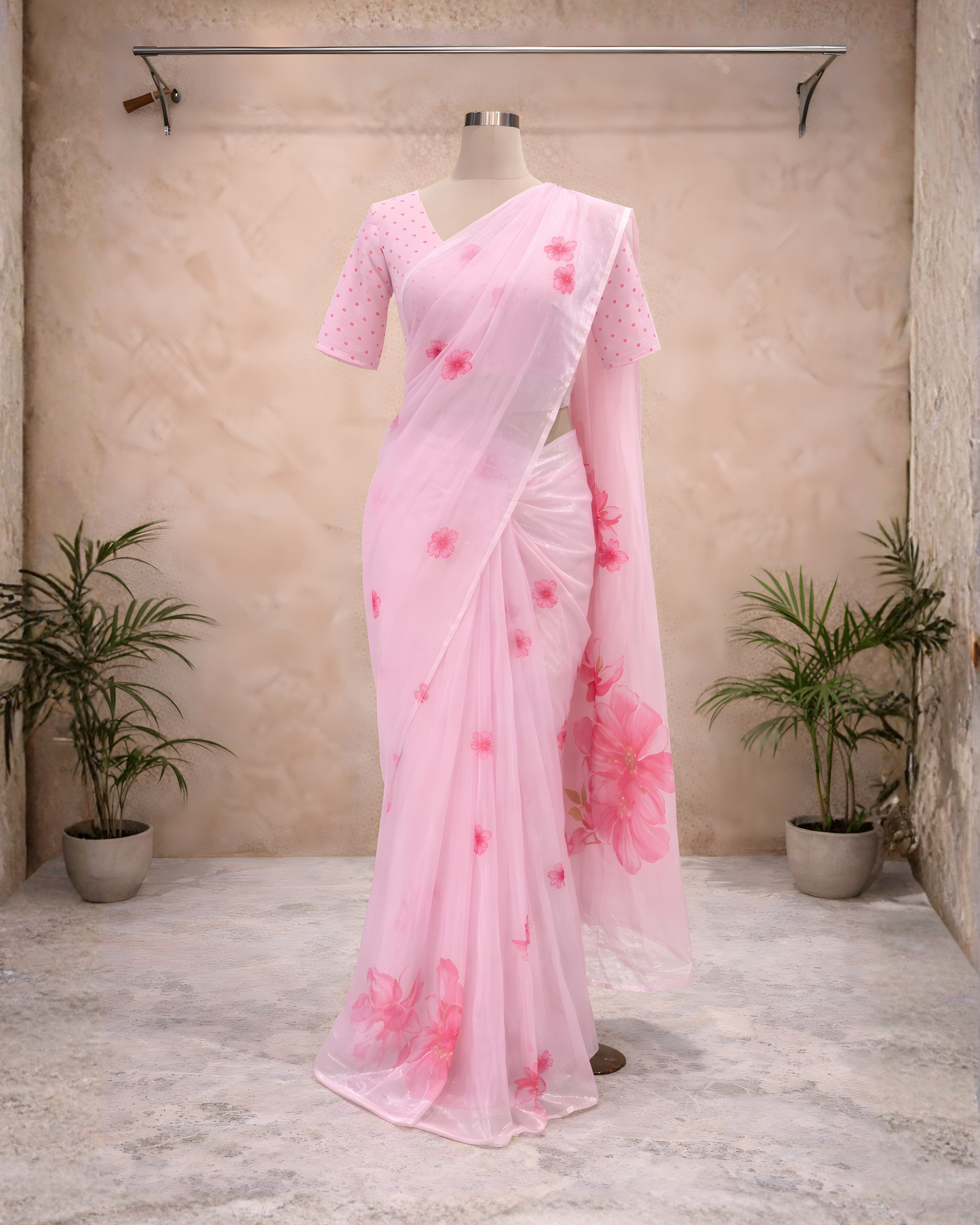 Blush Pink Floral Soft Crepe Saree – Lightweight Pastel Elegance