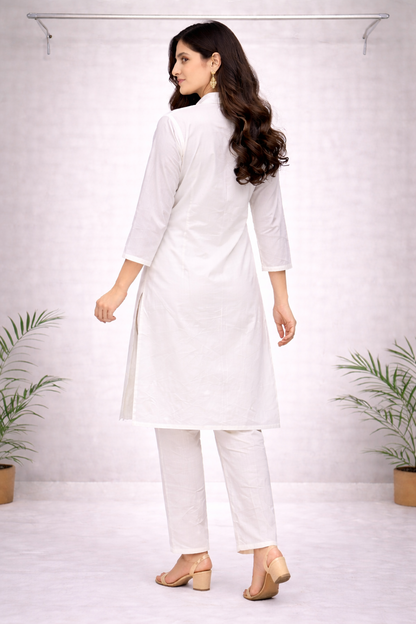 White Floral Printed Co-ord Set – Shirt Collar Top with Matching White Pants