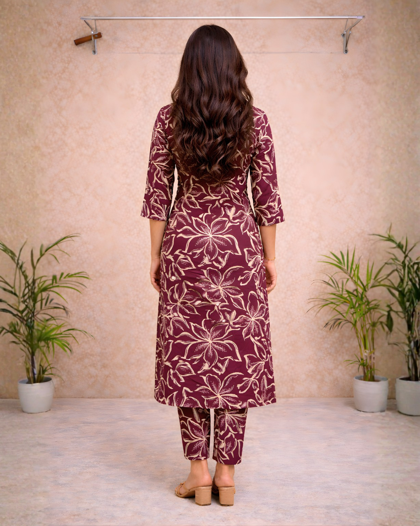 Wine Floral Printed Straight Kurti – Elegant Everyday & Office Wear