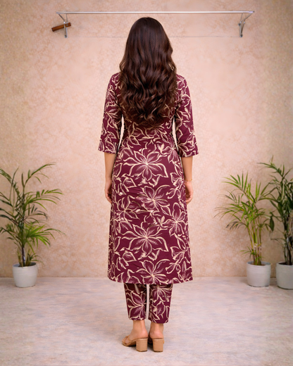 Wine Floral Printed Straight Kurti – Elegant Everyday & Office Wear