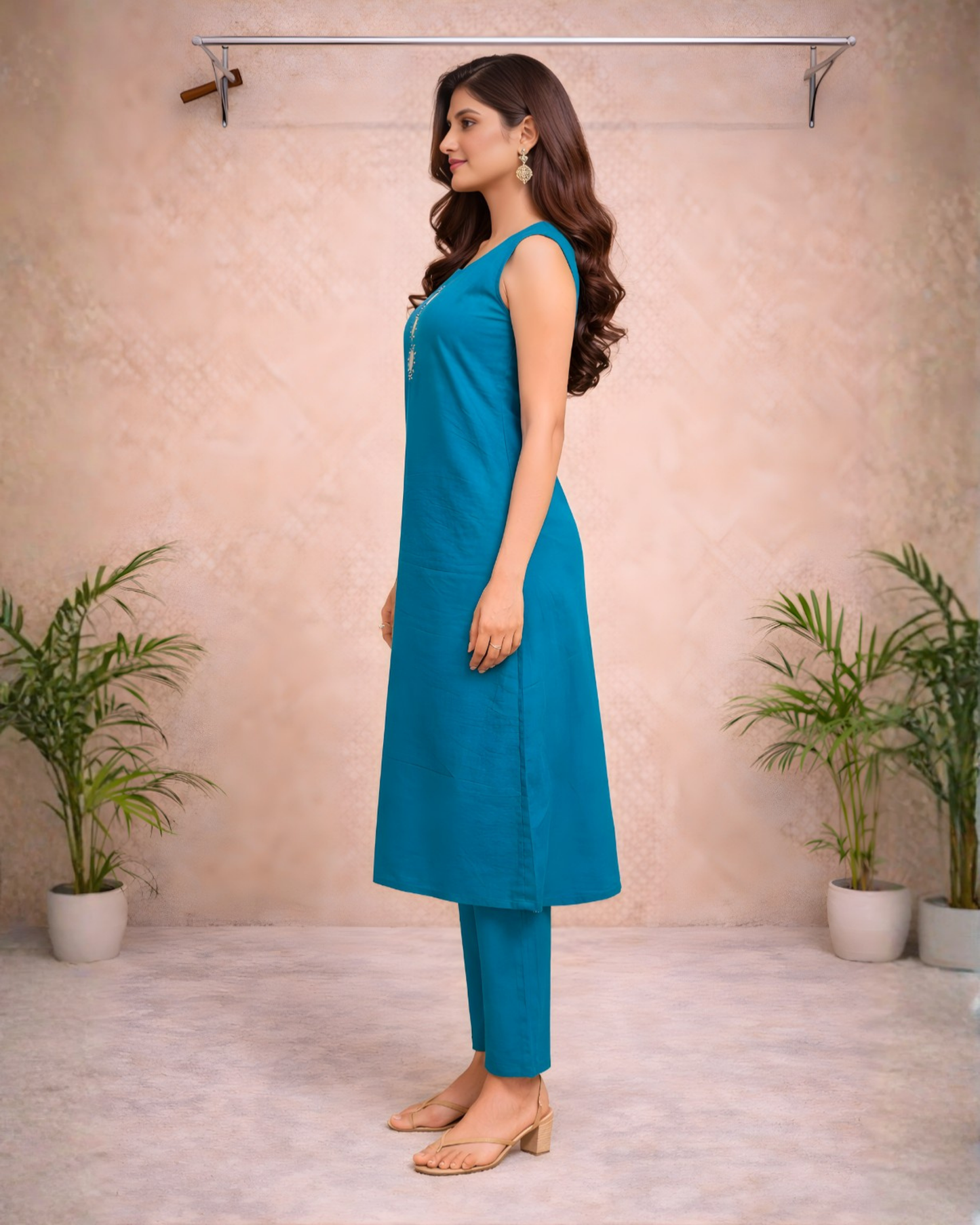 Teal Blue Mirror Work Kurti Set with Attached Inner Sleeves – Minimal Festive Wear