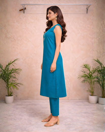Teal Blue Mirror Work Kurti Set with Attached Inner Sleeves – Minimal Festive Wear