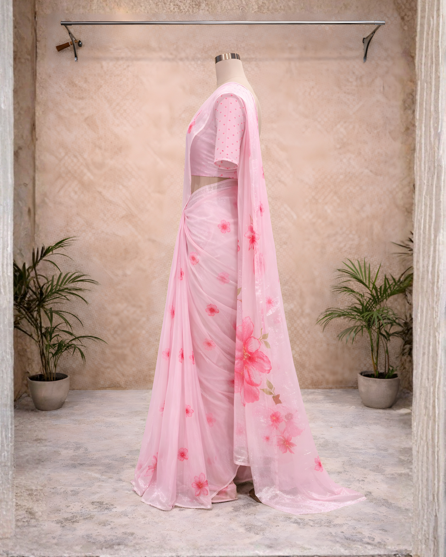 Blush Pink Floral Soft Crepe Saree – Lightweight Pastel Elegance