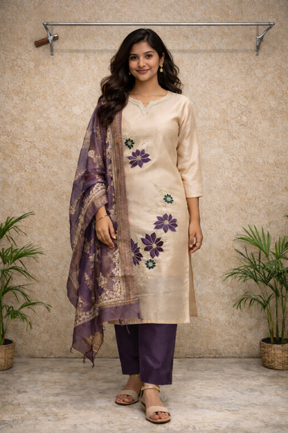 Ivory and plum floral embroidered kurti set with organza dupatta and pants