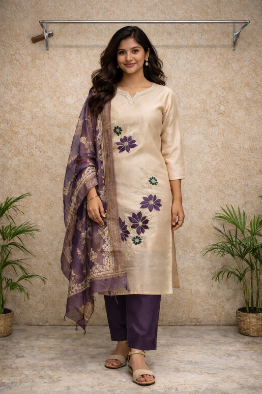 Ivory Plum Floral Embroidered Kurti Set