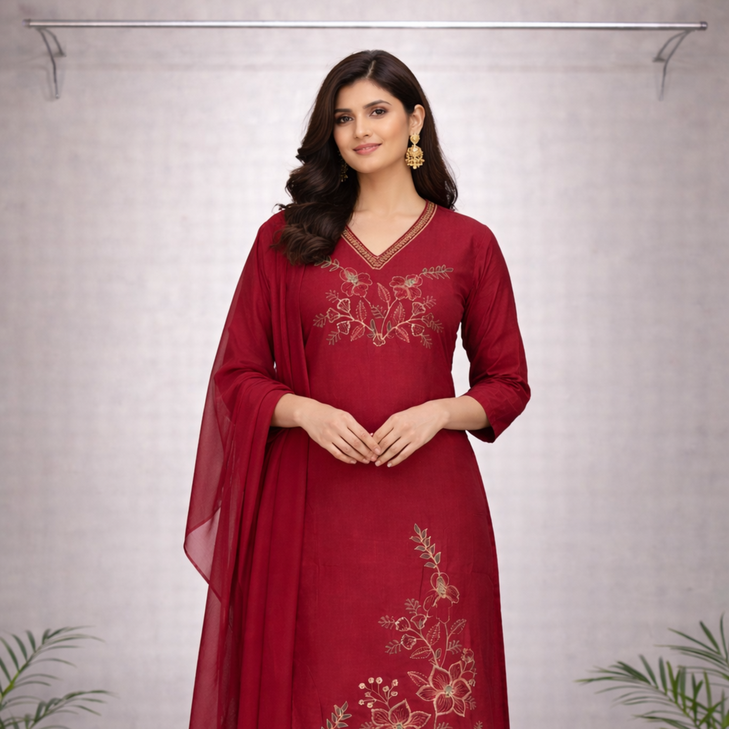 Ruby Gold Floral Embroidered Red Kurti Set – Gold Embroidery with Sheer Dupatta & Pants