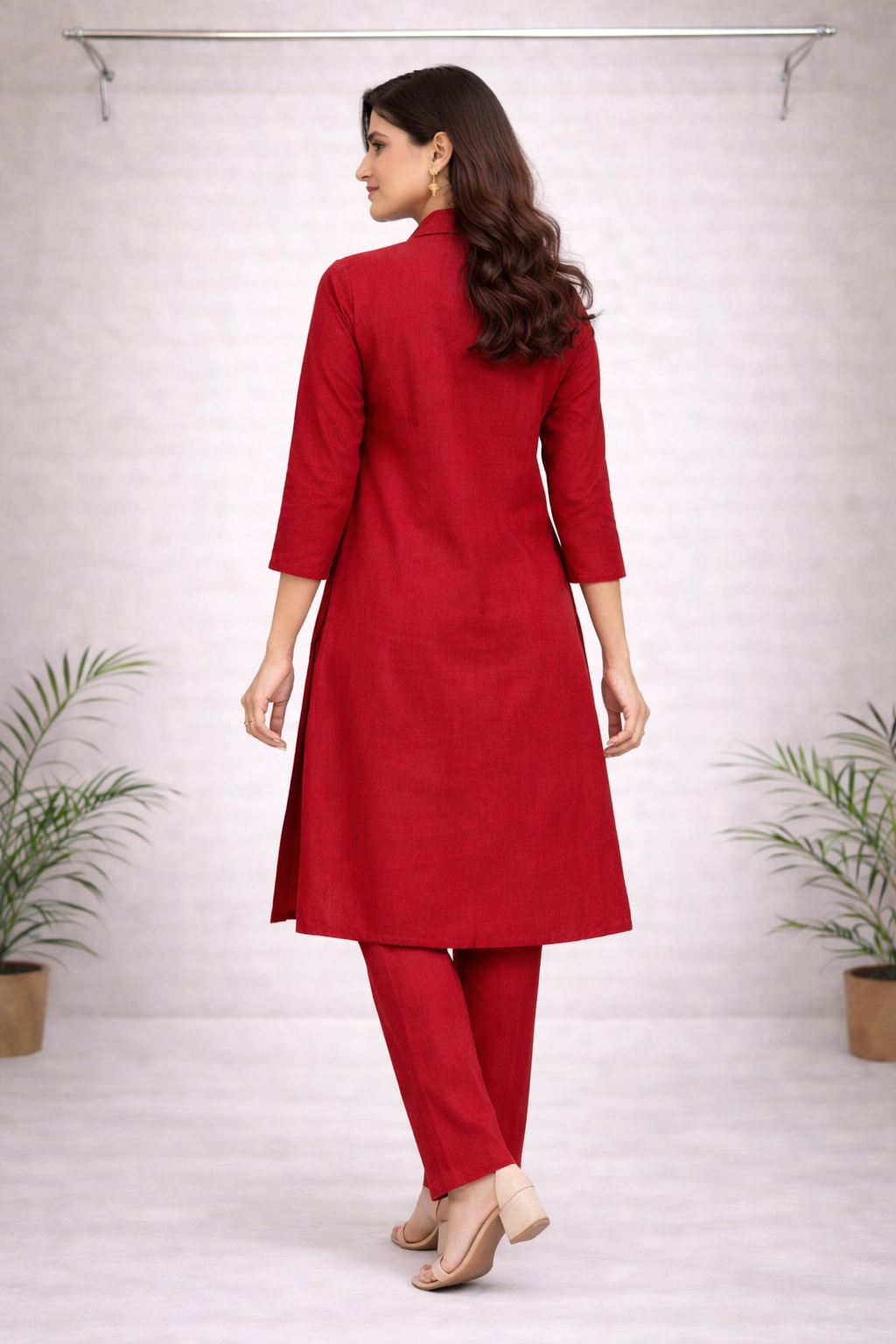 Red Thread Embroidered Co-ord Set – White Embroidery with Matching Red Pants