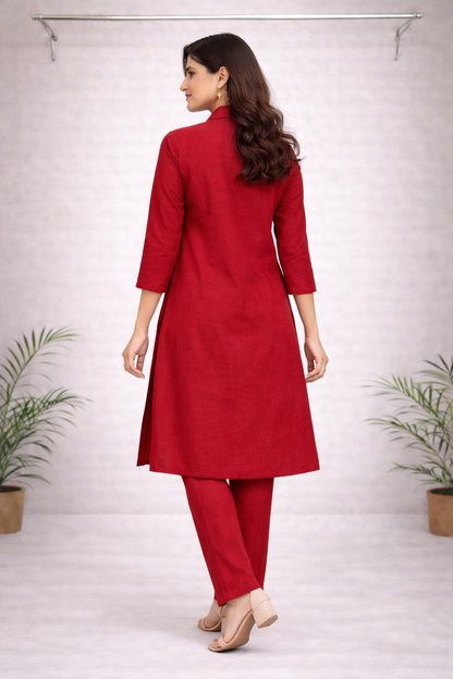 Red Thread Embroidered Co-ord Set – White Embroidery with Matching Red Pants