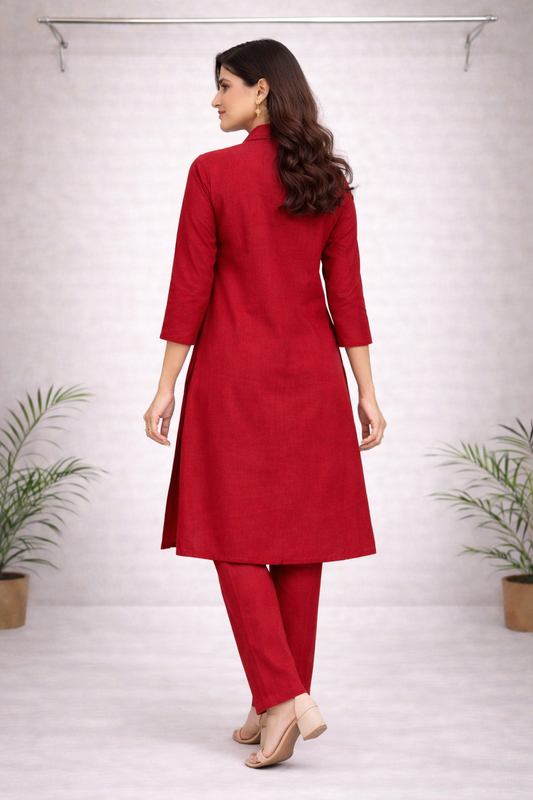 Red Thread Embroidered Co-ord Set for Women