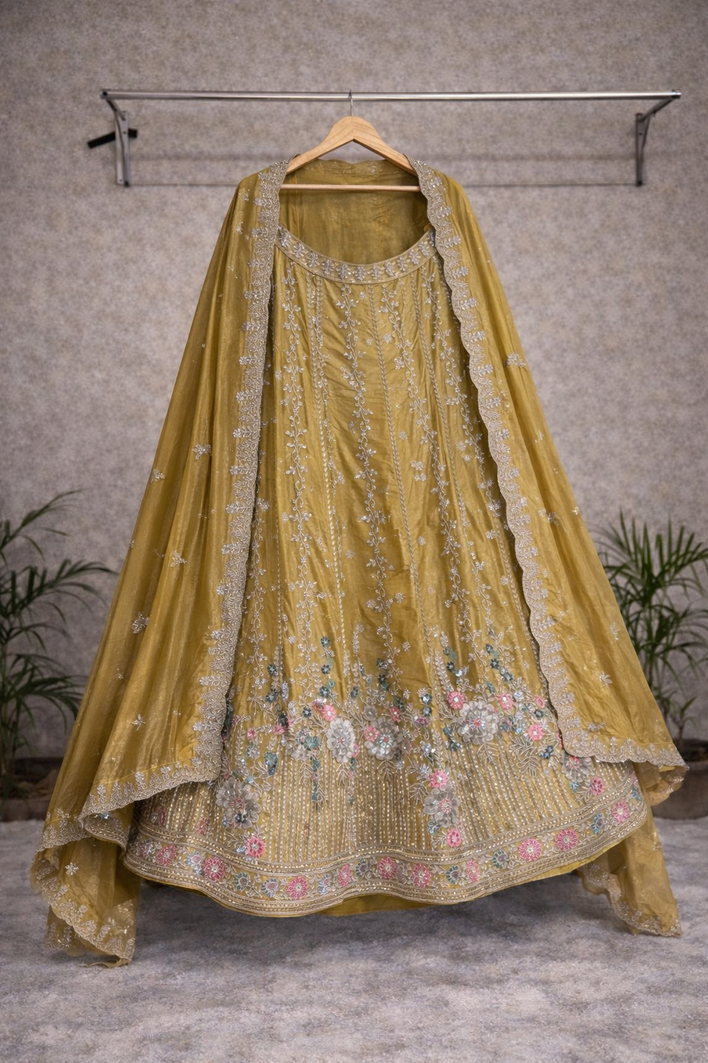 Mustard Gold Bridal Lehenga – Pastel Floral Thread Embroidery & Maggam Blouse